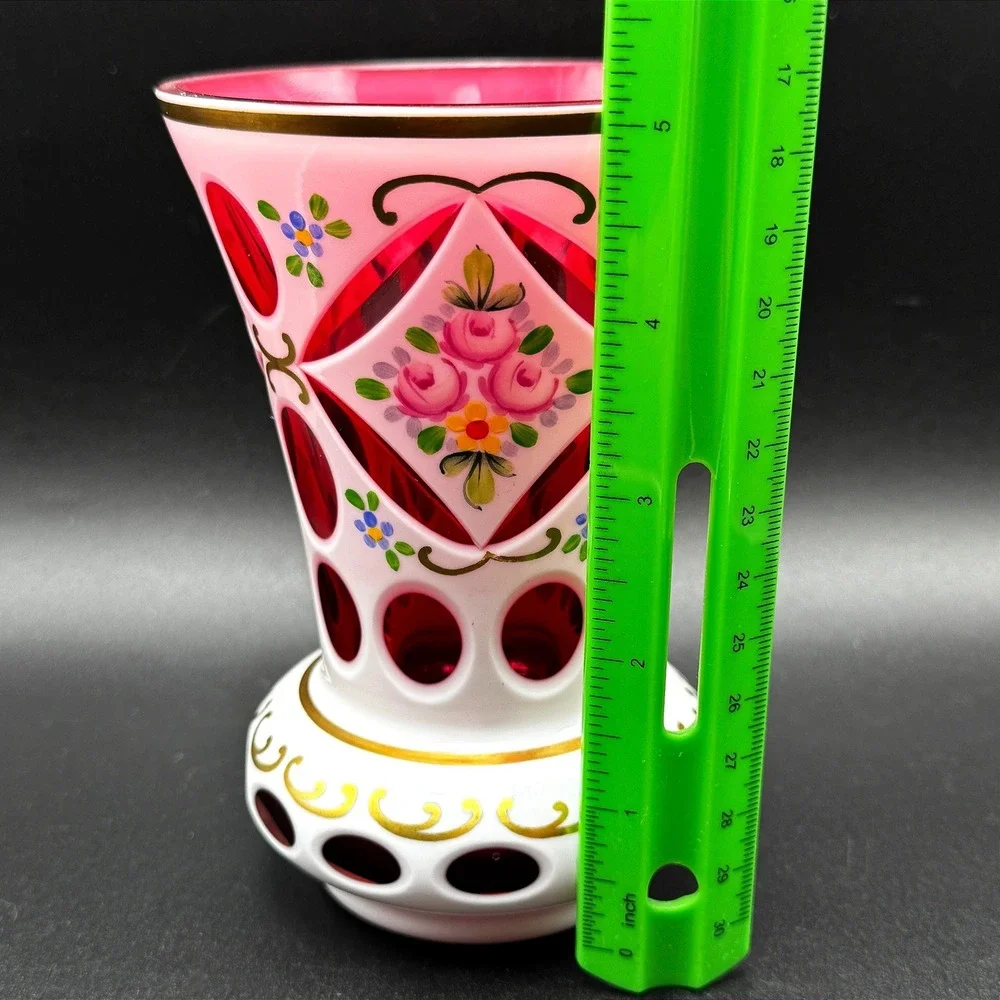 Vintage Bohemian Czech Ruby Cut to Clear White Overlay Floral Glass Vase 6